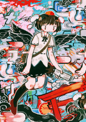 Rule 34 | 1girl, abstract background, bag, black hair, black legwear, black neckwear, black skirt, black wings, blue background, cloud, commentary request, feathered wings, flying, full body, geta, hat, highres, hito (nito563), holding, knees up, multiple views, neck ribbon, newspaper, power-up, red eyes, red footwear, red headwear, ribbon, shameimaru aya, shirt, short hair, short sleeves, shoulder bag, skirt, surreal, tengu-geta, tokin hat, torii, touhou, white shirt, wings