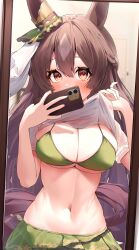 Rule 34 | 1girl, absurdres, alternate costume, animal ears, bikini, blurry, blurry background, blush, breasts, brown hair, cellphone, cleavage, highres, holding, holding phone, horse ears, horse girl, large breasts, lifting own clothes, looking at viewer, mirror, navel, phone, satono diamond (umamusume), selfie, shirt, shumai il, simple background, swimsuit, umamusume