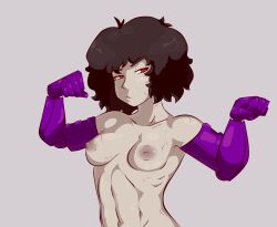 Rule 34 | 1girl, agent black (the iconoclasts), black hair, breasts, colored skin, female focus, grey skin, highres, nude, prosthesis, prosthetic, prosthetic arm, red eyes, scar, short hair, small breasts, solo, statixalex, the iconoclasts, upper body