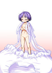 Rule 34 | 1girl, blush, bra, cat lingerie, closed eyes, collarbone, covering privates, covering breasts, crossed arms, eyebrows, facing viewer, full body, gradient background, groin, highres, itou yuuji, meme attire, mini person, minigirl, navel, no headwear, nude, oversized clothes, purple hair, short hair, smile, smirk, smug, solo, spaghetti strap, standing, sukuna shinmyoumaru, touhou, underwear, white bra, you&#039;re doing it wrong