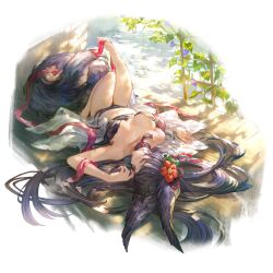 Rule 34 | 1girl, animal ears, barefoot, breasts, collarbone, erune, flower, fox ears, full body, granblue fantasy, hair flower, hair ornament, large breasts, long hair, looking at viewer, lying, minaba hideo, navel, official art, on back, plant, purple flower, red eyes, red flower, solo, tail, transparent background, vines, wooden floor, yuel (granblue fantasy)