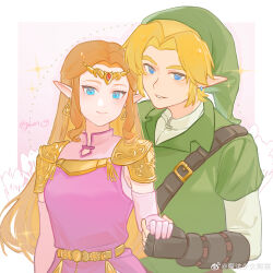 Rule 34 | 1boy, 1girl, absurdres, armor, black gloves, blue eyes, closed mouth, commentary request, dress, ear piercing, earrings, elbow gloves, fingerless gloves, gloves, green headwear, green tunic, grin, hat, height difference, highres, holding hands, jewelry, link, long hair, looking at viewer, nintendo, parted bangs, pauldrons, piercing, pink dress, pink gloves, princess zelda, short hair, shoulder armor, smile, the legend of zelda, the legend of zelda: ocarina of time, triforce earrings, tunic, twitter username, weibo logo, weibo username, yun (dl2n5c7kbh8ihcx)