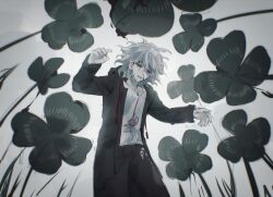 Rule 34 | 1boy, black pants, chinese commentary, clover, collarbone, commentary request, cowboy shot, danganronpa (series), danganronpa 2: goodbye despair, denim, false smile, four-leaf clover, from below, green eyes, green jacket, hair between eyes, hood, hood down, hooded jacket, jacket, jeans, komaeda nagito, liquid from eyes, liquid from mouth, long sleeves, male focus, messy hair, open clothes, open jacket, open mouth, oversized plant, pants, qing bie gou jiao, shirt, short hair, smile, solo, teeth, white background, white hair, white shirt