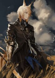 Rule 34 | 1boy, absurdres, animal ear fluff, animal ears, arknights, belt, black jacket, black pants, blonde hair, blue shirt, blurry, blurry foreground, cloud, commentary, cowboy shot, emblem, gauntlets, hair over one eye, highres, holding, holding sword, holding weapon, horse boy, horse ears, jacket, light smile, looking to the side, male focus, mlynar (arknights), necktie, outdoors, pants, shidare (youh4016), shirt, short hair, sky, solo, sword, utility pole, weapon, wheat field, white necktie, yellow eyes