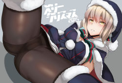 Rule 34 | 10s, 1girl, 2015, artoria pendragon (all), artoria pendragon (fate), ass, bad id, bad pixiv id, black pantyhose, black santa costume, blonde hair, blush, breasts, cameltoe, capelet, christmas, fate/grand order, fate/stay night, fate (series), female focus, hair over one eye, hat, kurowa, large breasts, light brown hair, looking at viewer, lying, no panties, on back, pantyhose, parted lips, purple eyes, saber (fate), saber alter, santa alter, santa costume, santa hat, see-through, short hair, smile, solo, spread legs, thighhighs, thighhighs over pantyhose, yellow eyes