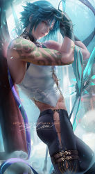 Rule 34 | 1boy, arm tattoo, banned artist, bare arms, bead necklace, beads, blue hair, commentary request, facial mark, forehead mark, genshin impact, gloves, jewelry, necklace, pants, sakimichan, shirt, short hair, solo, tattoo, tight clothes, xiao (genshin impact)