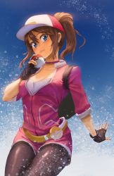 Rule 34 | 10s, 1girl, arm at side, athenawyrm, baseball cap, belt, black leggings, blue eyes, breasts, brown hair, cleavage, creatures (company), female protagonist (pokemon go), fingerless gloves, game freak, gloves, hat, highres, holding, holding poke ball, jacket, leggings, light smile, lips, long hair, looking at viewer, nintendo, outstretched hand, pink jacket, pink shorts, poke ball, pokemon, pokemon go, ponytail, shorts, sleeves rolled up, solo