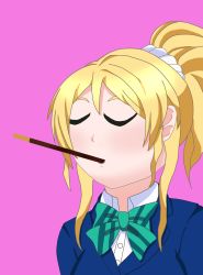 Rule 34 | 1girl, artist name, artist request, ayase eli, black jacket, blonde hair, blue cardigan, blue jacket, blush, bow, bowtie, breasts, cardigan, collared shirt, closed eyes, female focus, food, green bow, hair between eyes, hair ornament, hair scrunchie, high ponytail, highres, jacket, long hair, long sleeves, looking at viewer, love live!, love live! school idol project, otonokizaka school uniform, parted lips, pink background, pocket, pocky, pocky kiss, ponytail, school uniform, scrunchie, shared food, shirt, short hair, short sleeves, small breasts, smile, solo, striped, striped bow, upper body, white scrunchie, white shirt