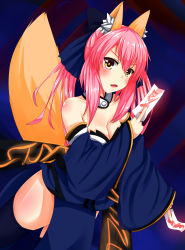Rule 34 | 10s, 1girl, animal ears, bare shoulders, blue legwear, blush, breasts, cleavage, collarbone, detached sleeves, fate/extra, fate (series), fox ears, fox tail, hair ribbon, highres, japanese clothes, looking at viewer, open mouth, pink hair, ribbon, solo, tail, tamamo no mae (fate/extra), totororo, twintails, yellow eyes