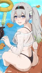Rule 34 | 1girl, 1other, :d, absurdres, alternate hairstyle, ass, bare shoulders, bikini, black bikini, black hairband, commentary, firefly (honkai: star rail), food, grey hair, hairband, highres, holding, holding food, honkai: star rail, honkai (series), kagurachi, long hair, open mouth, ponytail, popsicle, purple eyes, rubber duck, sitting, smile, soaking feet, swimsuit, thighs