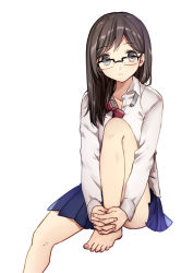 Rule 34 | 1girl, bad id, bad nicoseiga id, barefoot, black eyes, black hair, blue skirt, clarinet (natsumi3230), commentary request, feet, glasses, hands on feet, kurata rine, long hair, long sleeves, looking at viewer, original, school uniform, simple background, sitting, skirt, soles, solo, toes, white background