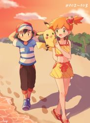 Rule 34 | 1boy, 1girl, :3, arm behind back, arms behind head, arms up, artist name, ash ketchum, bad id, bad pixiv id, bare shoulders, baseball cap, beach, black hair, black pants, blue footwear, blue shirt, blush, blush stickers, breasts, brown eyes, closed mouth, cloud, collarbone, creatures (company), episode number, eye contact, flower, footprints, full body, game freak, gen 1 pokemon, green eyes, hair flower, hair ornament, hand up, happy, hat, hibiscus, jpeg artifacts, light blush, looking at another, looking to the side, mei (maysroom), midriff, misty (pokemon), navel, nintendo, one-piece swimsuit, open mouth, orange footwear, orange hair, orange sky, outdoors, palm tree, pants, pikachu, pink flower, pokemon, pokemon (anime), pokemon (creature), pokemon sm102, pokemon sm (anime), red headwear, sand, sandals, shirt, shoes, short hair, short sleeves, side ponytail, signature, sky, small breasts, smile, standing, striped clothes, striped shirt, sunset, swimsuit, tree, walking, water, yellow one-piece swimsuit