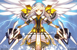 Rule 34 | 10s, 1girl, 2014, artist name, bad id, bad pixiv id, blue background, dated, dress, elsword, eve (elsword), gloves, highres, long hair, mecha musume, solo, swd3e2, white hair, white wings, wings, yellow eyes