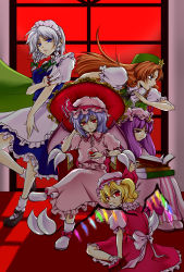 Rule 34 | 5girls, alcohol, arm support, bat wings, blonde hair, blue eyes, blue hair, book, bow, braid, chair, head rest, china dress, chinese clothes, dress, fang, female focus, fighting stance, flandre scarlet, frills, glass, hair bow, hat, highres, hong meiling, izayoi sakuya, knife, leg up, crossed legs, long hair, looking back, maid, maid headdress, multiple girls, open book, patchouli knowledge, profile, purple eyes, purple hair, reading, red eyes, red hair, remilia scarlet, sakuramomijitei, shoes, silver hair, sitting, star (symbol), embodiment of scarlet devil, throne, throwing knife, touhou, twin braids, wariza, weapon, wine, wings, wrist cuffs