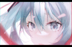 Rule 34 | 1girl, absurdres, aqua eyes, aqua hair, blurry, blurry foreground, close-up, commentary, english commentary, eyelashes, hair ornament, hatsune miku, highres, letterboxed, long hair, looking at viewer, lxc, open mouth, simple background, solo, twintails, vocaloid, white background
