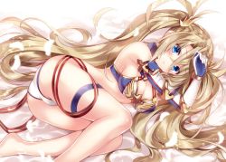 Rule 34 | 1girl, ass, bare legs, bare shoulders, barefoot, bikini, blue eyes, bradamante (fate), bradamante (third ascension) (fate), braid, breasts, brown hair, cleavage, fate/grand order, fate (series), feathers, hair spread out, long hair, looking at viewer, lying, medium breasts, nogi takayoshi, on side, parted lips, sidelocks, solo, swimsuit, thigh strap, thighs, twintails, very long hair, white bikini
