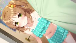 Rule 34 | 1girl, bikini, blush, breasts, brown hair, closed mouth, curtains, feet out of frame, female focus, game cg, go-1, green eyes, groin, hair bobbles, hair ornament, harukaze nanoka, highres, homemaid sweet pea, indoors, legs, light blush, looking at viewer, midriff, navel, original, side ponytail, small breasts, smile, solo, standing, swimsuit, thighs