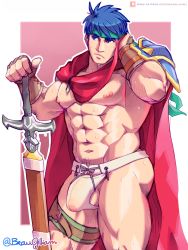Rule 34 | 1boy, abs, alternate pectoral size, bara, bare pectorals, beaugilliam, blue eyes, blue hair, bulge, cape, feet out of frame, fire emblem, fire emblem: path of radiance, flaccid, harness, headband, highres, ike (fire emblem), jockstrap, large pectorals, male focus, male underwear, muscular, muscular male, navel, nintendo, nipples, paid reward available, pectorals, planted, planted sword, planted weapon, red cape, paid reward available, short hair, solo, stomach, sweat, sword, testicles, thick thighs, thighs, underwear, weapon, wet, wet clothes, wet male underwear, white male underwear