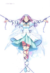 Rule 34 | 1girl, absurdres, arms up, bdsm, bondage, boots, bound, chain, character request, d-a white, closed eyes, headdress, highres, long hair, murakami suigun, purple hair, skirt, solo, source request
