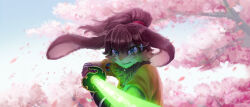 Rule 34 | 1girl, body fur, brown fur, brown hair, cherry blossoms, cropped jacket, energy sword, female focus, fighting stance, furry, furry female, highres, holding, katana, lightsaber, lop (star wars), ponytail, rabbit ears, rabbit tail, star wars, star wars: visions, sword, tearing up, tears, very long ears, weapon