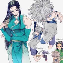 Rule 34 | 2boys, alternate costume, animal ears, black hair, black shorts, brothers, cat ears, cat tail, child, chinese clothes, green jacket, green pants, hair between eyes, hands on another&#039;s shoulders, highres, hunter x hunter, illumi zoldyck, jacket, killua zoldyck, layered sleeves, long hair, long sleeves, looking at viewer, m m pb, male focus, multiple boys, pants, sash, shirt, short hair, short over long sleeves, short sleeves, shorts, siblings, signature, simple background, speech bubble, tail, white hair, white shirt