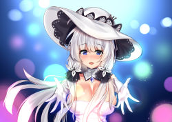 Rule 34 | 1girl, absurdres, azur lane, blue eyes, blush, breasts, cleavage, dress, elbow gloves, gloves, hair ornament, hair ribbon, hat, highres, illustrious (azur lane), lace trim, large breasts, long hair, looking at viewer, lumu yuanxiang, mole, mole under eye, outstretched arms, ribbon, smile, solo, strapless, strapless dress, sun hat, translation request, white dress, white gloves, white hair, white hat