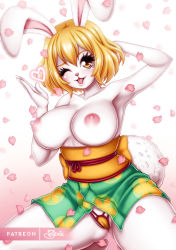 Rule 34 | 1girl, animal ears, bare arms, bare shoulders, blonde hair, blush, breasts, brown eyes, carrot (one piece), cleavage, dress, furry, japanese clothes, kimono, large breasts, long hair, nipples, one eye closed, one piece, open mouth, panties, rabbit, rabbit ears, sevie, squatting, tongue, tongue out, topless, underwear, wink