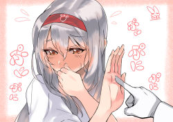Rule 34 | 10s, 1girl, admiral (kancolle), artist name, blush, brown eyes, commentary request, full-face blush, gloves, hair between eyes, headband, japanese clothes, kantai collection, long hair, long sleeves, nontraditional miko, sensen, short sleeves, shoukaku (kancolle), signature, silver hair, solo focus, white gloves