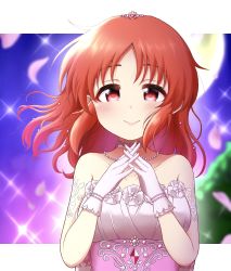 Rule 34 | 1girl, abe nana, bare arms, bare shoulders, blush, breasts, collarbone, commentary request, dress, flower, gem, gloves, hair ornament, highres, hokutoro64, idolmaster, idolmaster cinderella girls, jewelry, medium breasts, necklace, red eyes, red hair, smile, solo, tattoo, white dress, white flower, white gloves