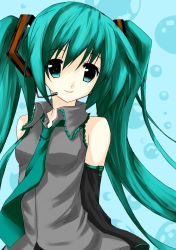 Rule 34 | arms behind back, colorized, detached sleeves, green eyes, green hair, hatsune miku, headset, highres, long hair, necktie, shirokuro yagi, smile, solo, twintails, very long hair, vocaloid