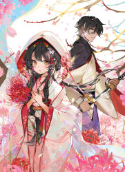 Rule 34 | 1boy, 1girl, akizero1510, artist name, black hair, branch, bride, cherry blossom print, cherry blossoms, copyright request, cover, cover page, floral print, flower, green eyes, hair flower, hair ornament, hands on own chest, highres, holding, holding sword, holding weapon, japanese clothes, katana, kimono, long hair, looking at viewer, looking back, novel cover, orange eyes, parted lips, print kimono, sheath, short hair, spider lily, sword, tsunokakushi, uchikake, unsheathing, weapon, wedding