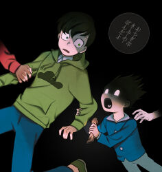 Rule 34 | 3boys, aged up, arm grab, black background, blank eyes, brothers, dark, dual persona, green hoodie, heart, heart in mouth, hood, hoodie, looking at another, male focus, matsuno choromatsu, matsuno osomatsu, multiple boys, osomatsu-kun, osomatsu-san, osomatsu (series), out of frame, penguin haro, siblings, spiked hair, time paradox, twins