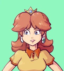 Rule 34 | 1girl, annoyed, blue eyes, breasts, brown hair, collared shirt, crown, earrings, flower earrings, green background, jewelry, lipstick, looking away, makeup, mario (series), mario golf, mario golf: super rush, medium breasts, nintendo, plow (witch parfait), princess daisy, shirt, solo, tomboy, upper body