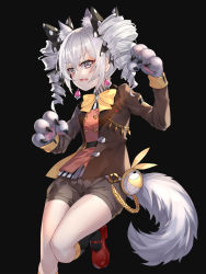 Rule 34 | 1girl, black background, black socks, blush, bow, breasts, bronya zaychik, bronya zaychik (wolf&#039;s dawn), brown jacket, commentary request, drill hair, ginklaga, hair between eyes, hair ornament, highres, honkai (series), honkai impact 3rd, jacket, long hair, looking at viewer, mary janes, open mouth, red footwear, shoes, shorts, silver hair, simple background, small breasts, socks, solo, standing, standing on one leg, twin drills, yellow bow