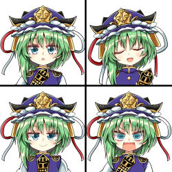 Rule 34 | angry, asymmetrical hair, blue eyes, blue hat, blue vest, buttons, closed eyes, closed mouth, epaulettes, expressions, fang, frilled hat, frills, green hair, hat, holding, keyaki chimaki, looking at viewer, open mouth, red ribbon, ribbon, rod of remorse, shiki eiki, shirt, short hair, simple background, smile, smug, solo, surprised, tears, touhou, upper body, v-shaped eyebrows, v-shaped eyes, vest, white background, white frills, white ribbon, white shirt, white sleeves