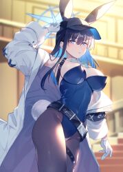 Rule 34 | 1girl, alternate costume, animal ears, baseball cap, belt, blue archive, blue leotard, bow, breasts, brown hair, cleavage, coat, commentary request, detached collar, fake animal ears, fishnets, gloves, grey eyes, halo, hand up, hat, highres, large breasts, leotard, long sleeves, looking at viewer, matsumoto tomoyohi, open clothes, open coat, pantyhose, playboy bunny, rabbit ears, rabbit tail, saori (blue archive), school emblem, sideboob, skull, solo, stairs, strapless, strapless leotard, tail, upper body, white coat, white gloves