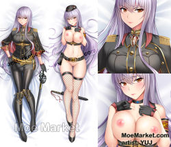 Rule 34 | 1girl, bare shoulders, belt, black gloves, blush, boots, breasts, closed mouth, collar, epaulettes, fishnets, gloves, hand on own hip, hat, high heel boots, high heels, holding, holding sword, holding weapon, large breasts, long hair, military, military hat, military uniform, multiple views, navel, nipples, pale skin, pantyhose, pouch, purple hair, pussy, red eyes, selvaria bles, senjou no valkyria, senjou no valkyria (series), senjou no valkyria 1, silver hair, sword, thighhighs, topless, uniform, watermark, weapon, yuj (moemarket)