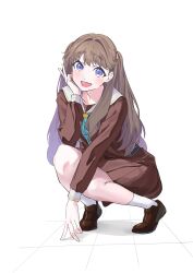 Rule 34 | 1girl, absurdres, brown dress, brown footwear, brown hair, collarbone, commentary request, dress, fujishima megumi, full body, green neckerchief, hasu no sora school uniform, highres, kneeling, link! like! love live!, loafers, long hair, long sleeves, looking at viewer, love live!, neckerchief, open mouth, purple eyes, repurika, sailor collar, school uniform, shoes, socks, solo, teeth, upper teeth only, v, virtual youtuber, white background, white sailor collar, white socks, winter uniform