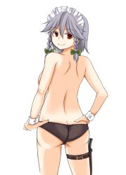 Rule 34 | 1girl, ass, back, bad id, bad pixiv id, black panties, braid, breasts, hand on own hip, holster, izayoi sakuya, knife, looking back, maid headdress, panties, panties only, red eyes, short hair, silver hair, solo, thigh holster, topless, touhou, twin braids, underwear, underwear only, zetsumame
