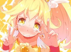 Rule 34 | 10s, 1girl, 3:, blonde hair, blush, bow, cure peace, double v, eyelashes, hair flaps, hato haru, kise yayoi, magical girl, precure, smile precure!, solo, tears, v, wide ponytail, yellow bow, yellow eyes, yellow theme
