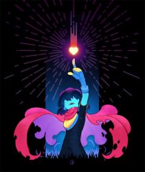 Rule 34 | 1other, 2gold, androgynous, black background, blue hair, blue skin, colored skin, cowboy shot, deltarune, gloves, grass, hair over eyes, heart, kris (deltarune), open mouth, pink scarf, pointing, pointing up, scarf, solo