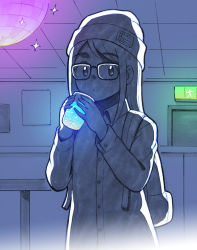 Rule 34 | 1girl, aragon honnin, backpack, bad id, bad tumblr id, bag, beanie, collared shirt, cup, dark, disco ball, drink, glasses, glowing, hat, ice, indoors, long sleeves, looking at viewer, original, shirt, solo, sparkle