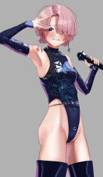 1girl absurdres arimura_mao blue_leotard boots breasts commentary_request detached_sleeves earrings gakuen_idolmaster grey_background hair_over_one_eye hand_up highres holding holding_microphone idolmaster jewelry leotard long_sleeves looking_at_viewer medium_breasts microphone open_mouth pink_hair po-i-mu short_hair simple_background sleeveless solo sweat thigh_boots