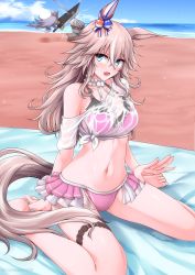 Rule 34 | 2girls, animal ears, bare arms, bare shoulders, barefoot, beach, beach towel, bikini, blue eyes, blue sky, blush, breasts, buster sword, cloud, commentary request, crop top, day, final fantasy, final fantasy vii, g (genesis1556), gold ship (umamusume), grey hair, highres, holding, holding sword, holding weapon, horse ears, katana, large breasts, long hair, looking at viewer, masamune (ff7), midriff, multiple girls, navel, ocean, off-shoulder shirt, off shoulder, open mouth, outdoors, pink bikini, shirt, short sleeves, sitting, sky, stomach, swimsuit, sword, tail, thighs, tied shirt, towel, umamusume, very long hair, wariza, water, weapon, white shirt, wonder acute (umamusume)