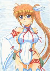 Rule 34 | 1girl, absurdres, bare shoulders, blue eyes, blush, breasts, brown hair, closed mouth, groin, hand on own hip, highres, large breasts, long hair, looking at viewer, lyrical nanoha, mahou shoujo lyrical nanoha strikers, ponytail, side ponytail, smile, solo, takamachi nanoha