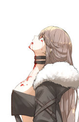 Rule 34 | 1girl, bad id, bad pixiv id, blood, blood from mouth, blood on face, brown hair, choker, ear piercing, fate/grand order, fate (series), fur collar, kankan33333, looking up, piercing, profile, red eyes, solo, yu mei-ren (fate)