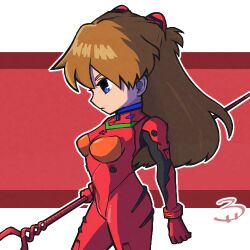 Rule 34 | 1girl, artist request, ass, blue eyes, bodysuit, breasts, brown hair, chibi, closed mouth, expressionless, feet out of frame, holding, holding weapon, lance, lance of longinus (evangelion), long hair, neon genesis evangelion, pilot suit, plugsuit, polearm, red bodysuit, shiny clothes, simple background, solo, souryuu asuka langley, tsundere, very long hair, weapon, wide hips