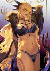 Rule 34 | 1girl, absurdres, blonde hair, bra, bracelet, breasts, dark-skinned female, dark skin, dragon horns, dragon tail, duplicate, facial mark, fate/grand order, fate (series), fur trim, green eyes, highleg, highleg panties, highres, horns, jewelry, leg tattoo, lingerie, long hair, long sleeves, looking at viewer, mashuu (neko no oyashiro), medium breasts, navel, o-ring, one eye closed, open mouth, panties, piercing, scan, simple background, solo, stomach, tail, tattoo, thighs, tongue, tongue out, underwear, vritra (fate)