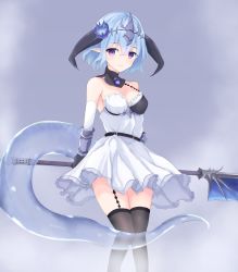 Rule 34 | 1girl, black gloves, black thighhighs, blue flower, blue hair, breasts, cleavage, closed mouth, commentary request, curled horns, detached sleeves, dragon girl, dragon horns, dragon tail, dress, flower, gloves, hair between eyes, hair flower, hair ornament, headpiece, highres, holding, holding weapon, horns, long sleeves, looking at viewer, medium breasts, mizu (lzzrwi603), pleated dress, pointy ears, purple eyes, shadowverse, short hair, single strap, smile, solo, tail, thighhighs, transparent, weapon, white dress, white sleeves, whitefrost dragonewt filene