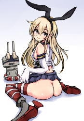 Rule 34 | 10s, 1girl, ass, black panties, blonde hair, blush, boots, breasts, crop top, drooling, elbow gloves, gloves, gradient background, hair ornament, hair ribbon, innertube, kantai collection, long hair, looking back, miniskirt, nipple slip, nipples, no bra, no panties, object on head, open mouth, p-chan (mitsuta52), panties, panties on head, pleated skirt, rensouhou-chan, ribbon, robot, school uniform, serafuku, shimakaze (kancolle), sitting, skirt, small breasts, smile, striped clothes, striped thighhighs, swim ring, thighhighs, turret, underwear, wariza, white background, white gloves